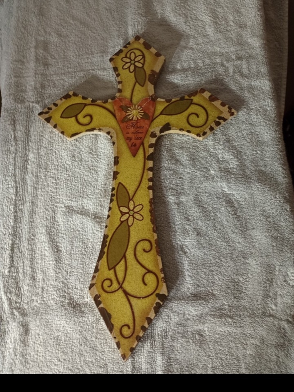 Decorative Floral Wall Cross in Yellow with Brown Accents